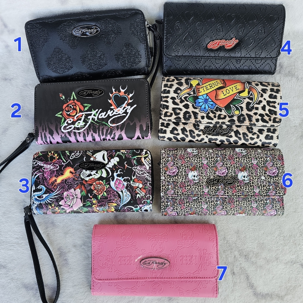 Ed Hardy Black Red Pink Embossed Zip-Around Wristlet Or Trifold Wallet Choose 1